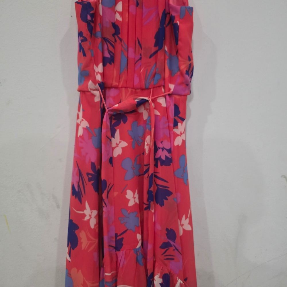 Floral High Neck High-Low Maxi Dress Pink Purple Sleeveless Halter Keyhole Back - Picture 3 of 10